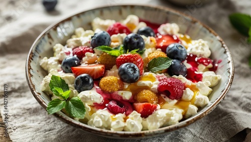 Extreme close-up of creamy cottage cheese topped with fresh fruit and a drizzle of honey.