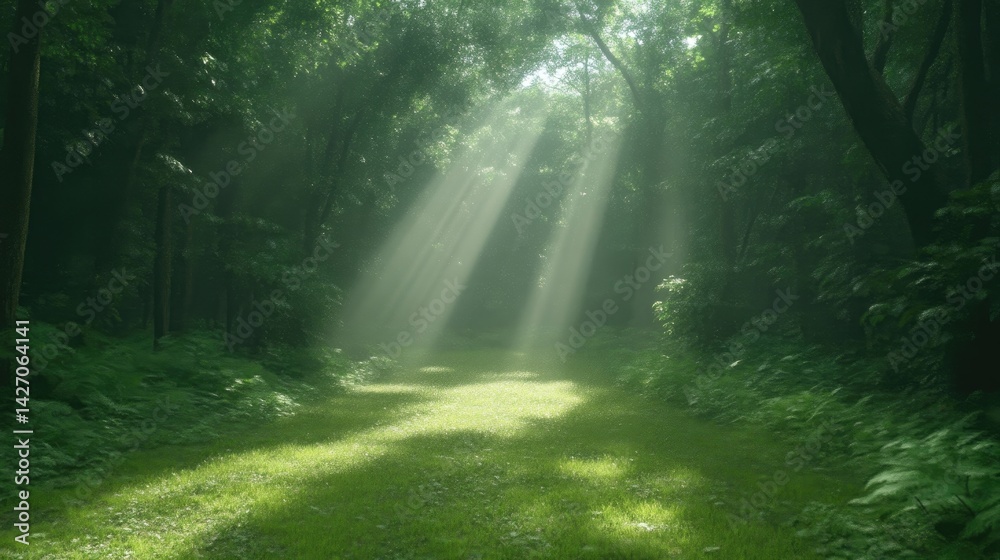 Fototapeta premium Sunlight streams through a verdant forest path