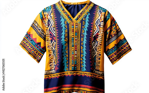 Heritage in Style A Colorful Dashiki Shirt Featuring Traditional Designs Isolated On White Background.