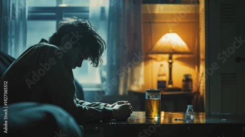 Emotional Distress and Addiction Concept — Lonely Man Contemplating Alcohol in Dim Room
