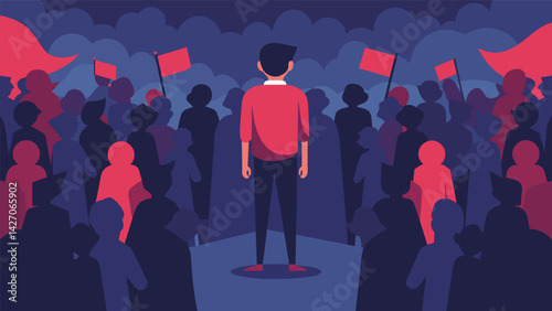 A lone figure standing calmly amidst a riotous protest.. Vector illustration