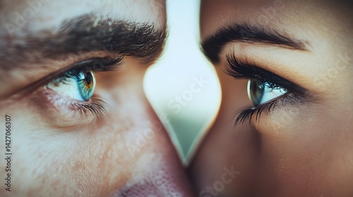 Close up of two faces with eyes looking at each other in soft focus and bright light between them