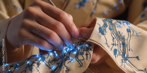 テックシンボルを刺繍した着物袖、伝統と回路模様の融合