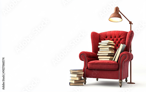 The Perfect Reading Nook A Cozy Armchair with a Stack of Books Isolated On White Background.