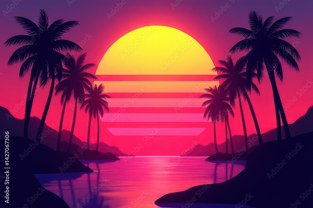 Naklejka premium Retro Sunset Aesthetic: Neon Gradient Sun, Bold 80s Colors, Surreal Palm Trees, Abstract Synthwave Vibe