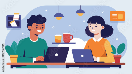 A pair of friends working from a coffee shop using their flexible schedules to avoid unnecessary expenses while paying off their loans.. Vector illustration