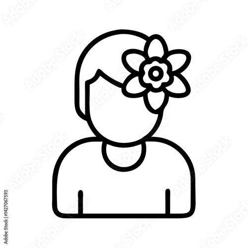 Minimalist line icon of person with flower in hair, black outline on white background, beauty, femininity and tropical vacation concept