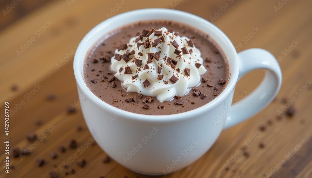 Creamy Hot Chocolate with Whipped Cream and Chocolate Shavings in White Mug on Wooden Table Creamy Hot Chocolate with Whipped Cream and Chocolate Shavings in White Mug on Wooden Table