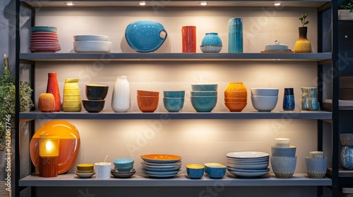 Shelf with Colorful Ceramic Dishes