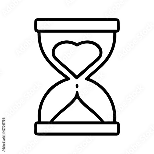 Minimalist line icon of hourglass with heart shape inside, black outline on white background, time and love concept, vector symbol