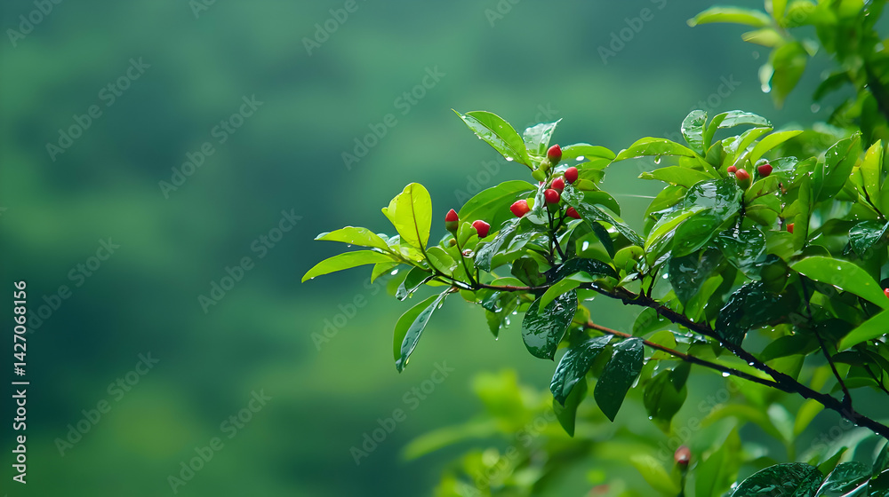 Fototapeta premium Closeup Of Red Berries And Green Leaves In A Rainy Forest Scene