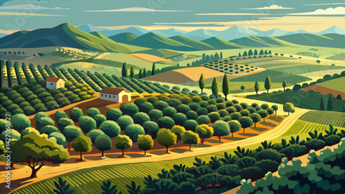 Very beautiful Aerial view of a vast olive tree plantation in Andalusia with rolling hills and cypress trees in the distance, landscape photography, landscape
