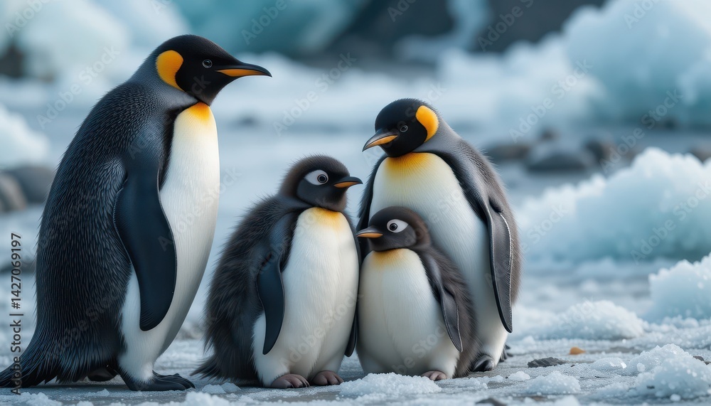Fototapeta premium Family of Emperor Penguins with Chicks in a Cool Icy Environment