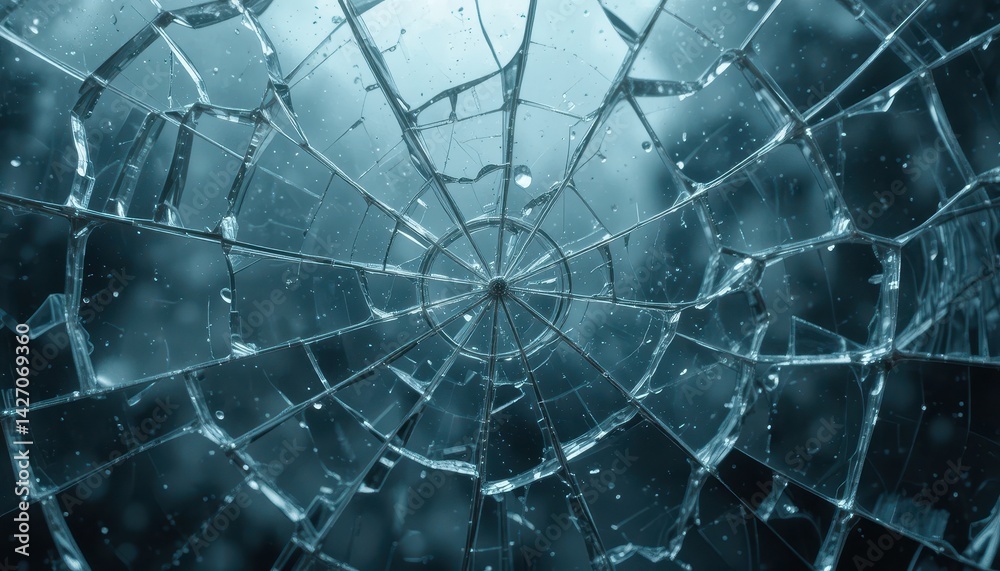 Obraz premium Close-up of Shattered Glass with Intricate Patterns and Raindrops for Abstract Background Use