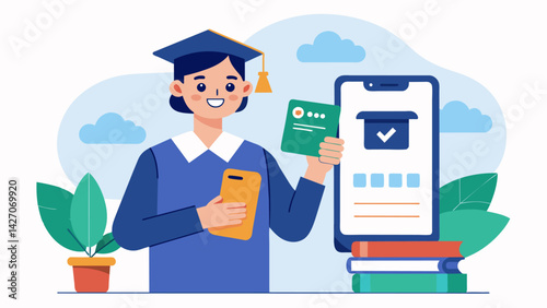 A student holding up their smartphone with a mobile banking app open ready to make their tuition fee payment with just a few taps.. Vector illustration