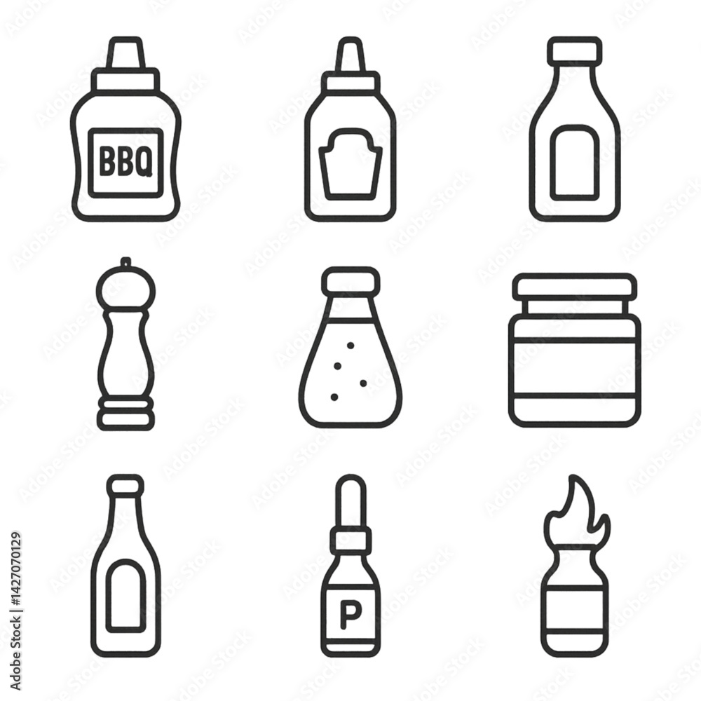 condiment icons including BBQ sauce in minimalist style condiment icons including BBQ sauce in minimalist style