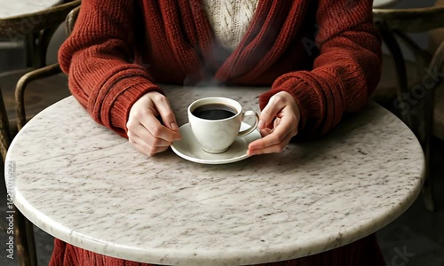 Person with coffee. Red sweater, marble table, warm beverage, relaxed mood