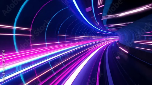 Abstract Futuristic Tunnel With Glowing Neon Lights and Dynamic Motion Trails