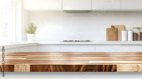Empty Wooden Kitchen Countertop With Blurred White Kitchen Background