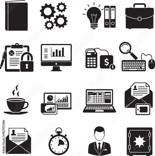 Business and Office Icons. Essential Black and White Symbols Representing Productivity and Organization