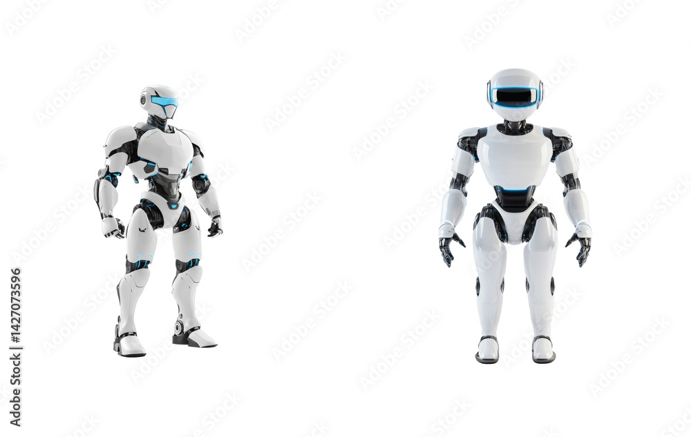 Fototapeta premium Two futuristic robots in different poses with various head designs and movable joints