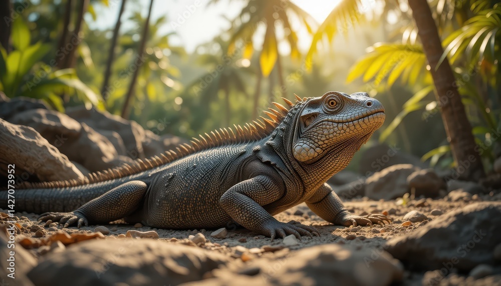 Fototapeta premium Detailed Close-Up of Iguana in Lush Green Tropical Environment at Sunset
