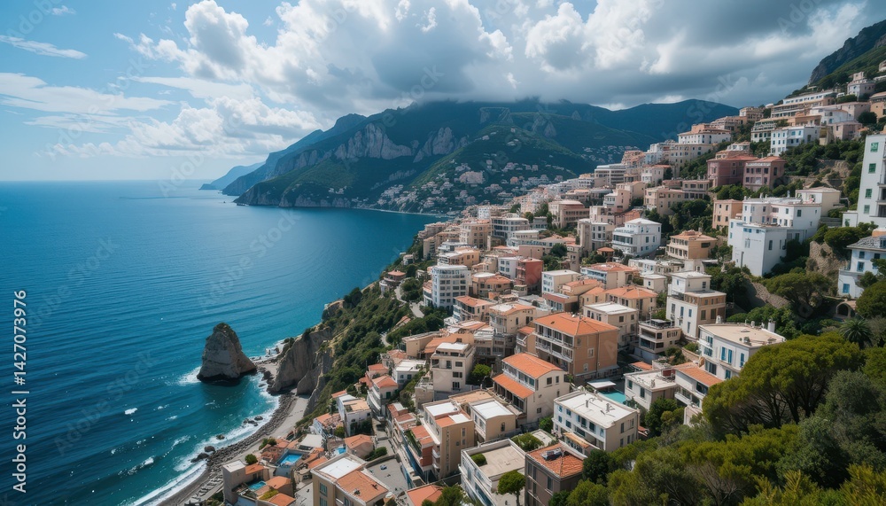 Naklejka premium Scenic Coastal View of Mediterranean Village with Turquoise Waters and Dramatic Sky