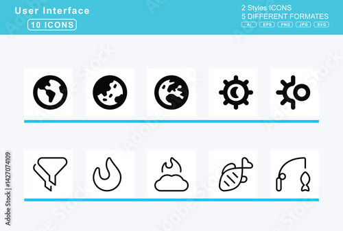 Set of 5 rounded user interface icons,ear, muffs, earnings, earth, africa, americas, asia