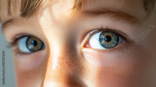 Extreme close-up of child's hazel eyes with soft light and freckles for art and print design