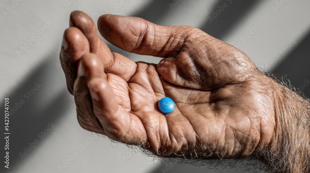 Fototapeta premium Macro view of a middle-aged man's hand holding a blue diabetes management tablet