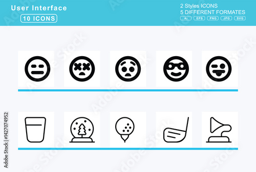 Set of 5 rounded user interface icons,face, disguise, downcast, sweat, drooling, explode, expressionless