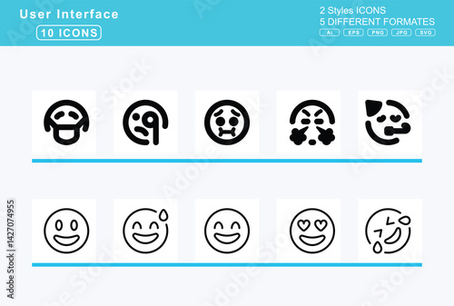 Set of 5 rounded user interface icons,face, head, bandage, hushed, icicles, lying, mask