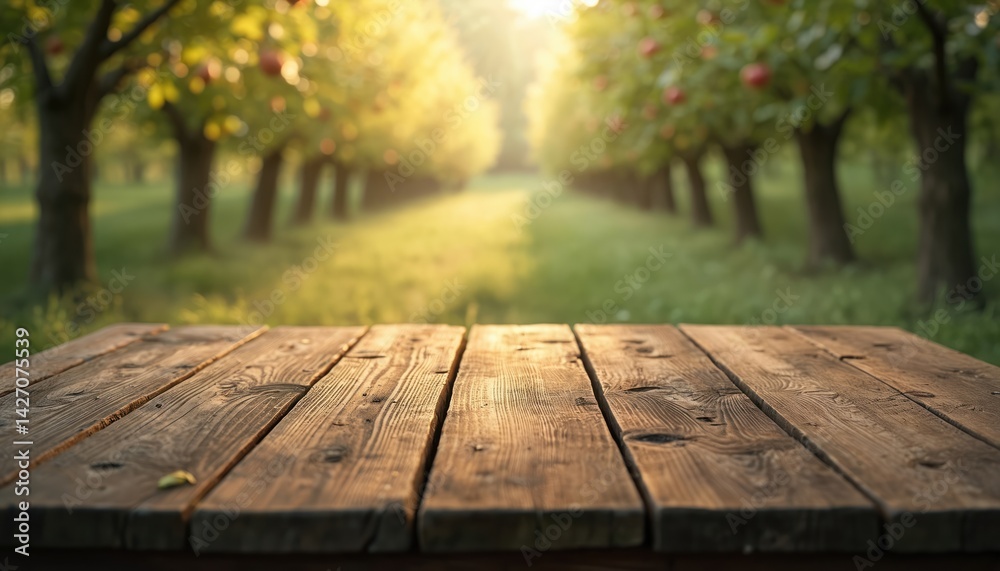 Rustic wooden table with apple orchard background. Empty wooden table product display, perfect for showcasing goods. Blurred background, sun light, green foliage, autumn. Nature park concept. Rustic wooden table with apple orchard background. Empty wooden table product display, perfect for showcasing goods. Blurred background, sun light, green foliage, autumn. Nature park concept.