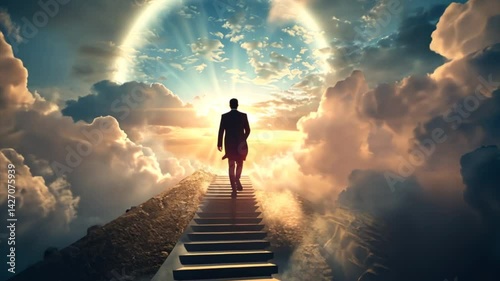 Man walking up the stairs among clouds in the sky to the shining light symbolizing heaven or Christian paradise. Life end and time passing concept