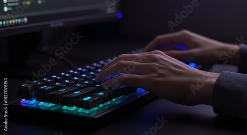 Hands typing on a rgb backlit keyboard in a dark room with a computer monitor in the background