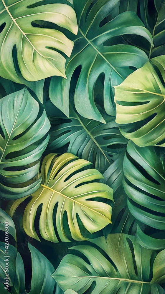 Lush Green Monstera Leaves Create a Tropical Atmosphere in a Vibrant Living Space