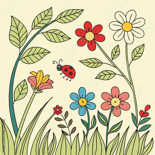 Colorful Spring Flowers, Ladybug.