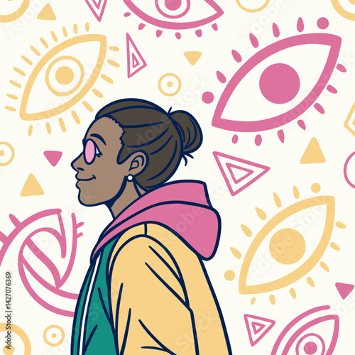 Positive Vibes: Young Woman Profile Vector Illustration - Yellow, Teal.
