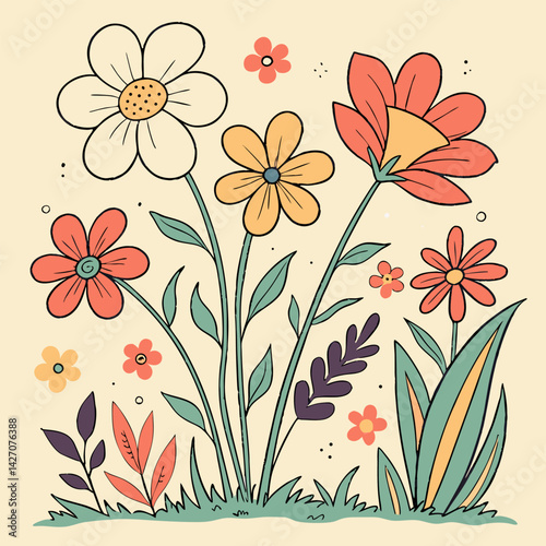 Retro Floral Bouquet Illustration - Daisies, Orange Flowers.