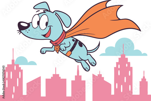 Cartoon superhero dog, bright blue fur, orange cape, flying over colorful city skyline, playful expression
