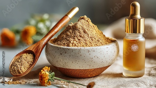 Golden spoon with powdered lion's mane on ceramic for focus and wellness rituals