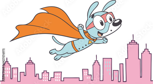 Cartoon superhero dog, bright blue fur, orange cape, flying over colorful city skyline, playful expression