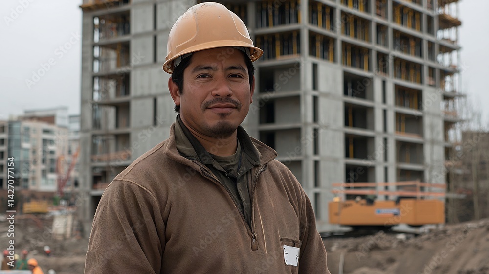 Focused portrait of a male construction worker in a hardhat stands in front of a half built skyscraper symbolizing strength expertise and dedication to architecture Focused portrait of a male construction worker in a hardhat stands in front of a half built skyscraper symbolizing strength expertise and dedication to architecture