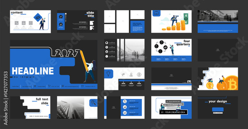 Set, powerpoint, business presentation, monetary and financial circulation, gold coins dollar and bitcoin. Infographic design, blue black elements. Team of people creates business. Vector illustration