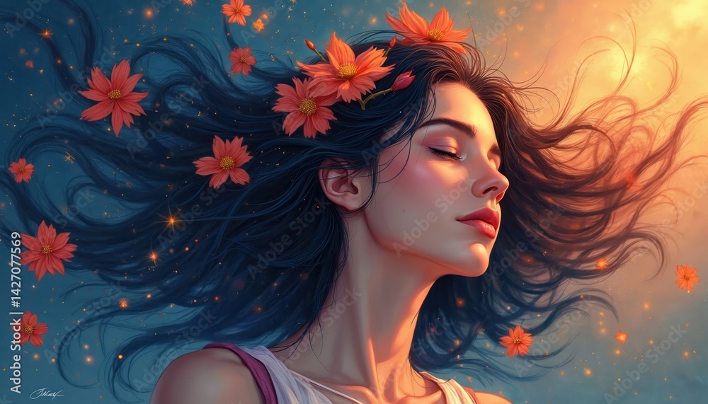 Digital illustration features woman with closed eyes. Long dark hair, decorated with orange flowers against dreamy background. Artistic beauty, floral design, fashion concept, art. Digital illustration features woman with closed eyes. Long dark hair, decorated with orange flowers against dreamy background. Artistic beauty, floral design, fashion concept, art.