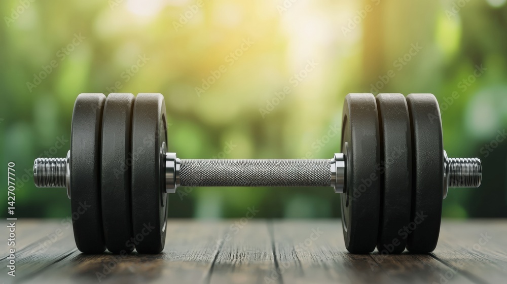 Naklejka premium Dynamic weight training setup home gym fitness equipment natural light close-up view strength building for all levels