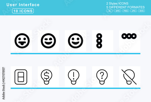 Set of 5 rounded user interface icons,grin, squint, tears, stars, tongue