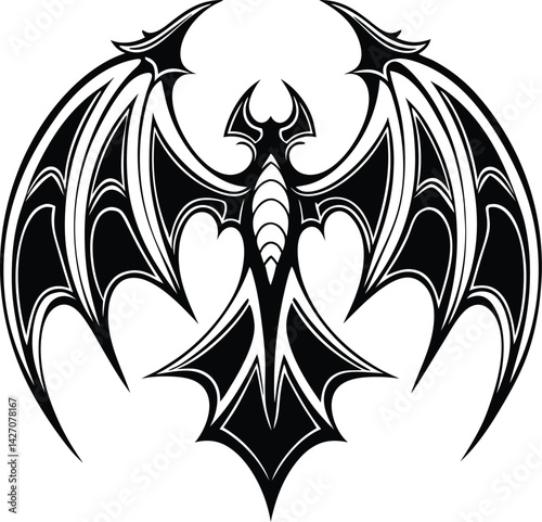 Dark gothic wings, tribal bat design, black silhouette, symmetrical pattern, intricate details, sharp edges, fantasy creature, tattoo style, vector art