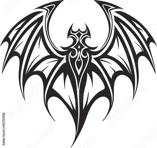 Dark gothic wings, tribal bat design, black silhouette, symmetrical pattern, intricate details, sharp edges, fantasy creature, tattoo style, vector art