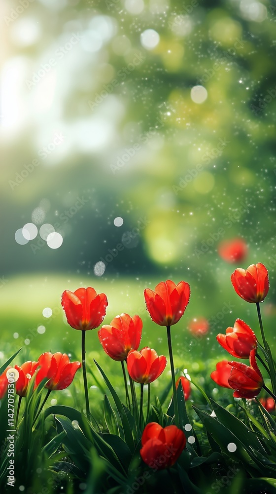 Bright Red Tulips Blooming in a Sunlit Garden During Springtime With Soft Bokeh Background